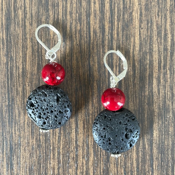 Hand Crafted Jewelry - HAND CRAFTED LAVA ROCK EARRINGS Black Lava Rock “Coins” Red Glass Beads